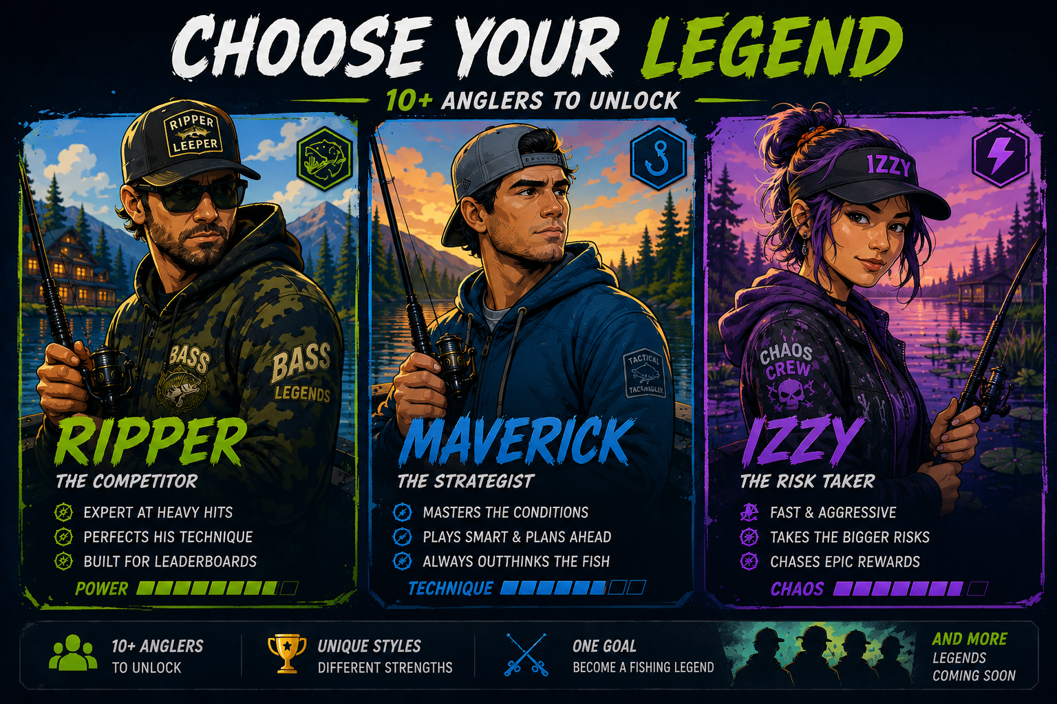 Choose your legend — Ripper, Maverick, and Izzy lead Bass Legends' 10+ unlockable anglers