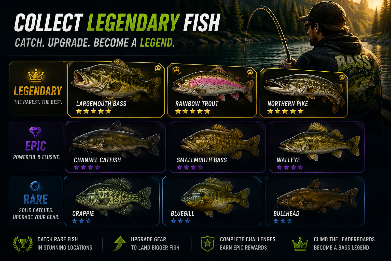 Bass Legends collection — Legendary, Epic, and Rare bass species
