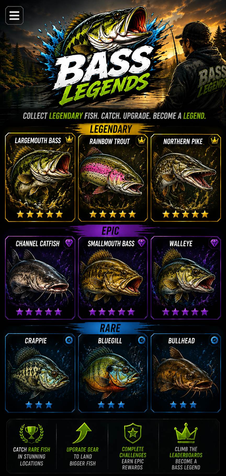 Bass Legends collection — Legendary, Epic, and Rare bass species