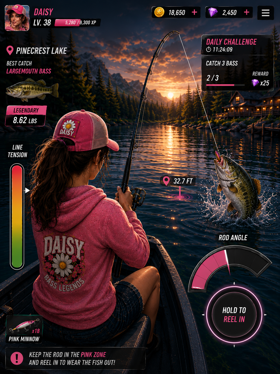 Daisy's gameplay screen — pink-zone tension, hold-to-reel UI