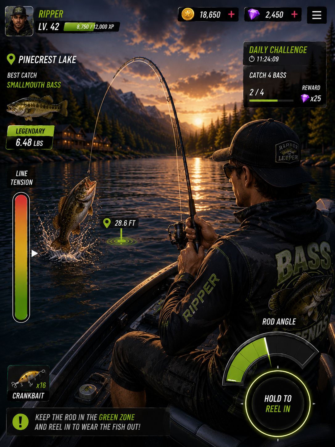 Ripper's gameplay screen — green-zone tension, hold-to-reel UI