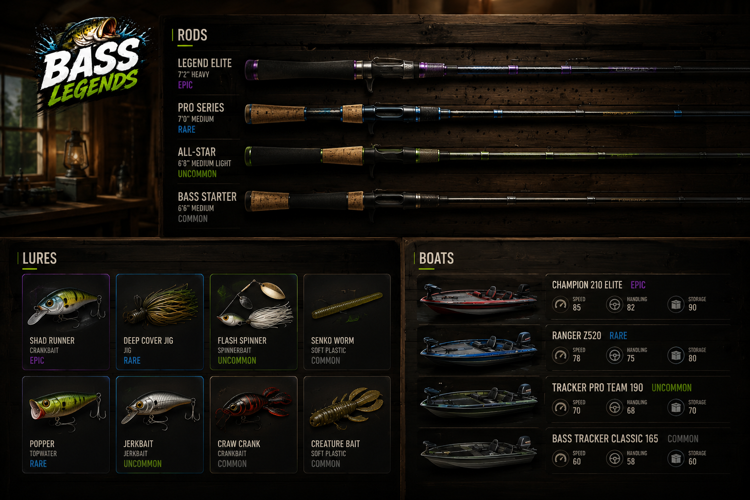 Bass Legends inventory — rods, lures, and boats across Common to Epic rarity